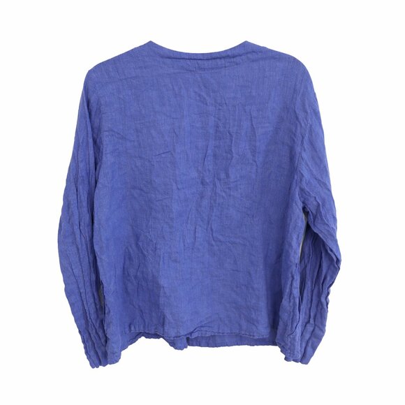 FLAX 100% Linen Cropped Button Front Top Small Blue Long Sleeve Lightweight Made - Picture 3 of 3